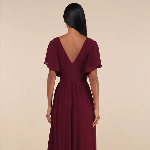 Lulus Convincing Grace Burgundy Flutter Sleeve Wrap Maxi Dress Size Large NEW - Picture 10 of 12